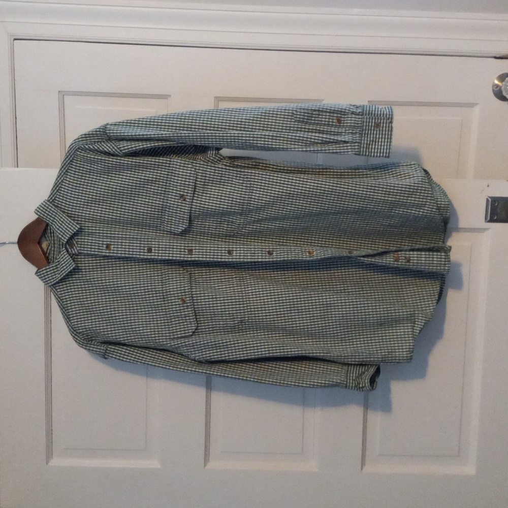 Vintage SNOWSHOE THOMPSON Mens long sleeve shirt size L Green and beige check